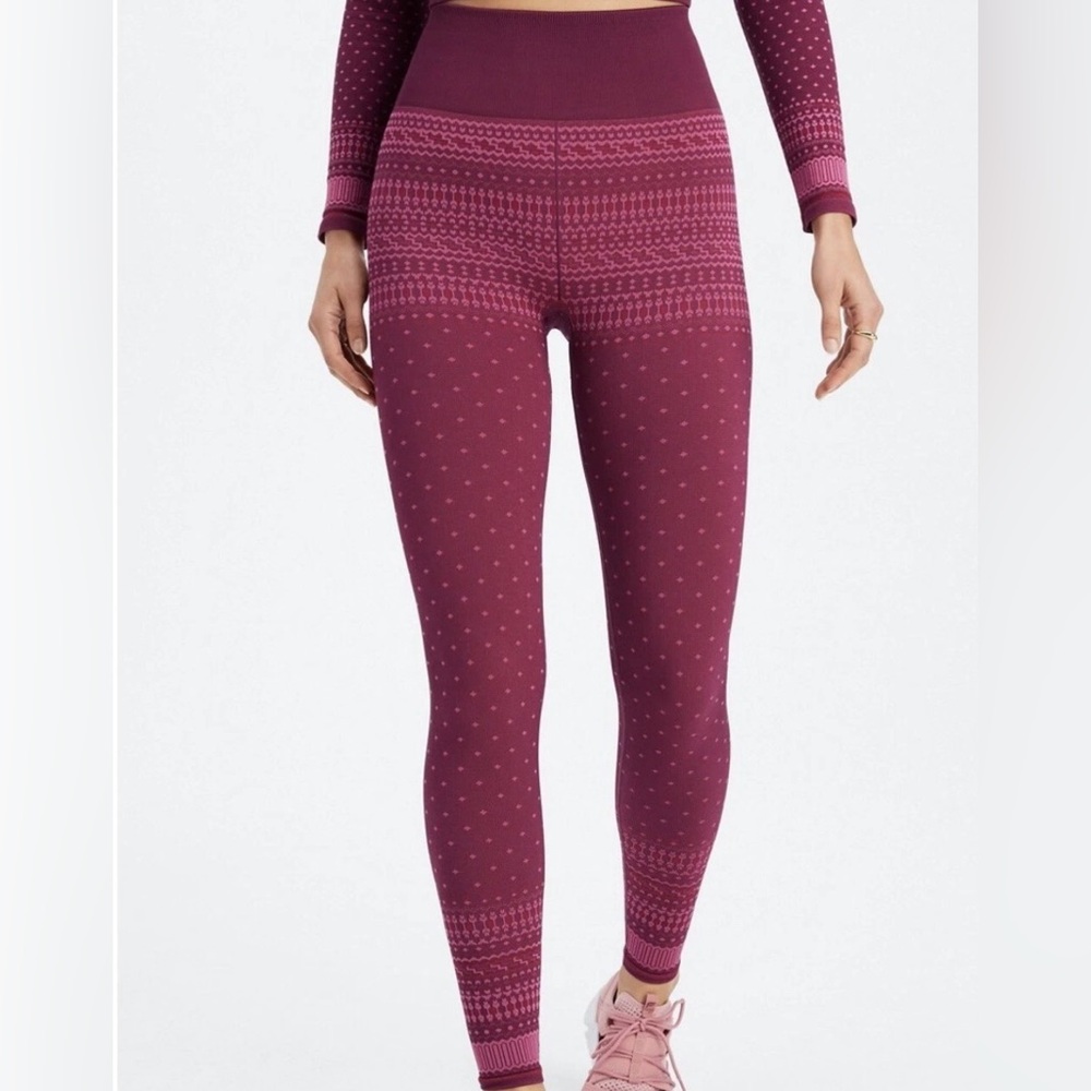Fabletics High-Waisted Seamless Pink and Maroon Fair Isle Leggings - Picture 2 of 11